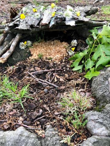 Fairy house made of sticks, bark, and flowers.