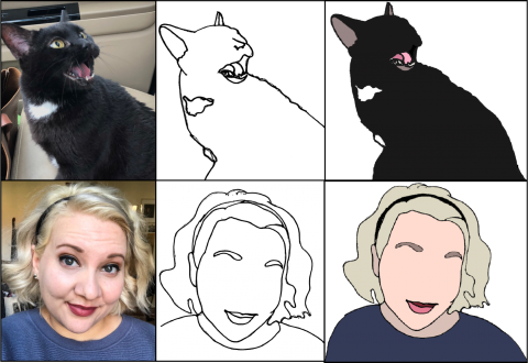 An image comprised of two rows and three columns. The first column contains a photograph of a cat and a blonde woman. The  middle column has a black outline of the same cat and woman. The final column shows the cat and woman as a color block illustration. 