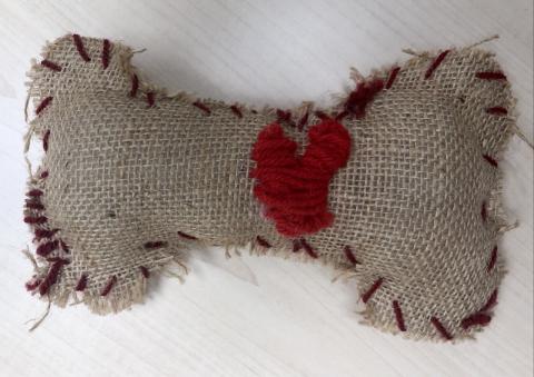 Burlap dog bone with stitching