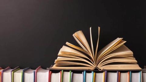 Open book sits on top of row of books