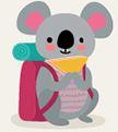 Koala with backpack holding playing cards