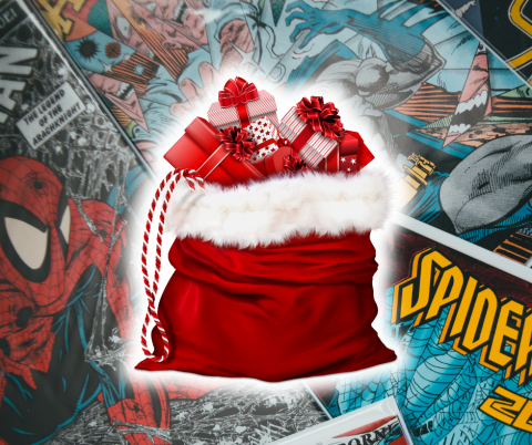 A santa bag over top of a collage of different kinds of comics