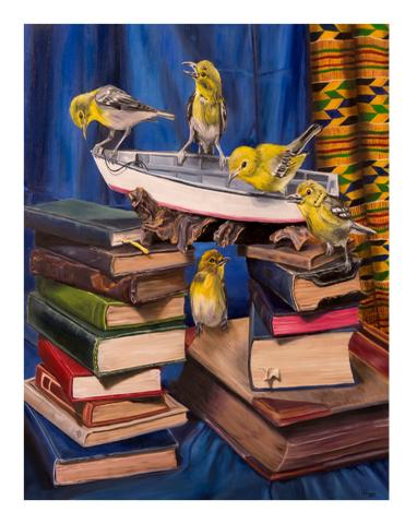 goldfinches perched upon old books