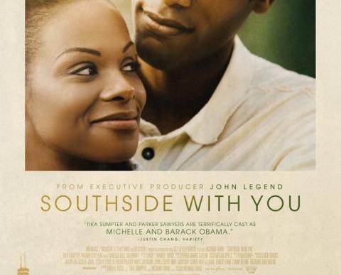 Southside With You movie poster. A woman looking to her left smiling. A man behind her, head tilted toward woman smiling.