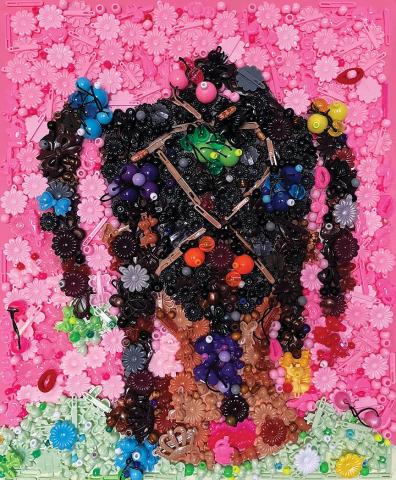 A portrait made of barrettes of the back of a little girl's hair in plaits.