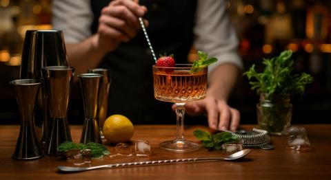 Hands mixing a fancy drink on a bar top