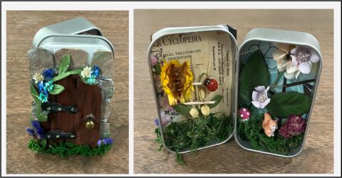 Altoid tin with door on the front and garden inside