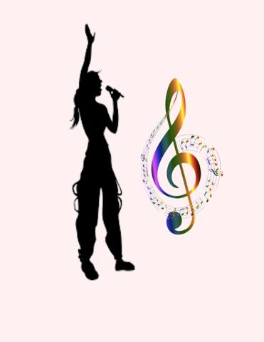 silhouette of women holding microphone and colorful music clef