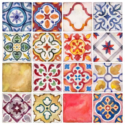 a series of watercolor pictures of geometric tile art in different colors and patterns