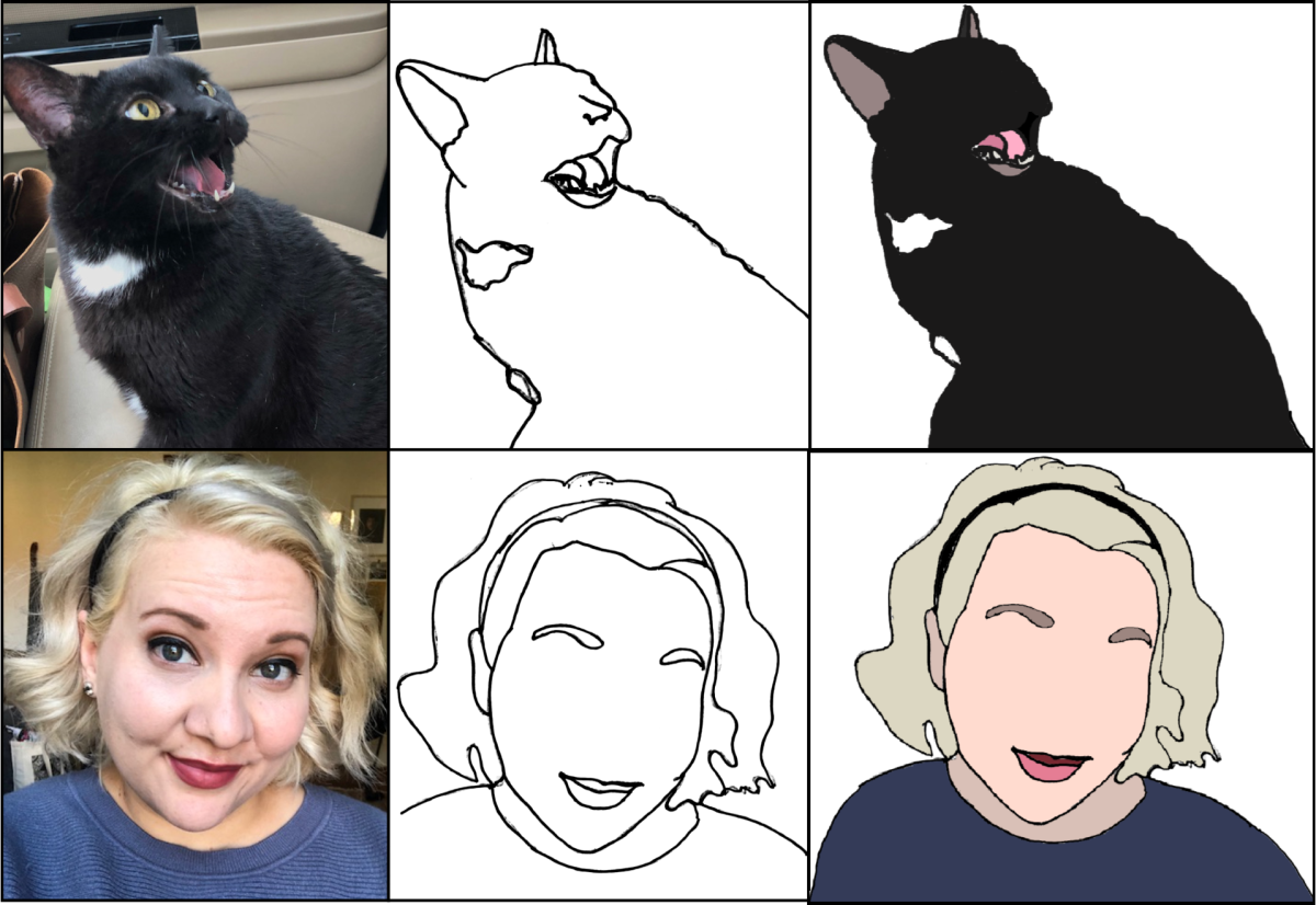 An image comprised of two rows and three columns. The first column contains a photograph of a cat and a blonde woman. The  middle column has a black outline of the same cat and woman. The final column shows the cat and woman as a color block illustration. 