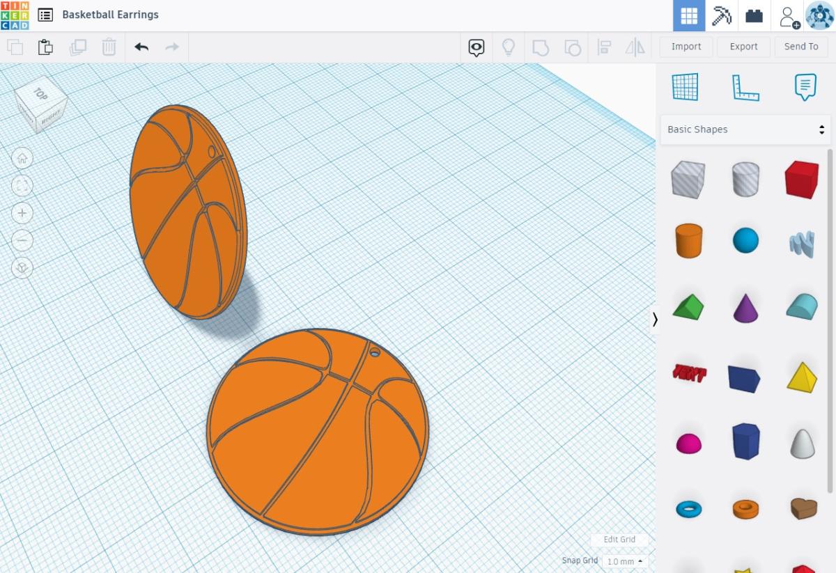 screenshot of Tinkercad program - basketball earrings