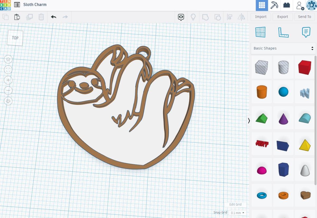 screenshot of Tinkercad program - sloth charm