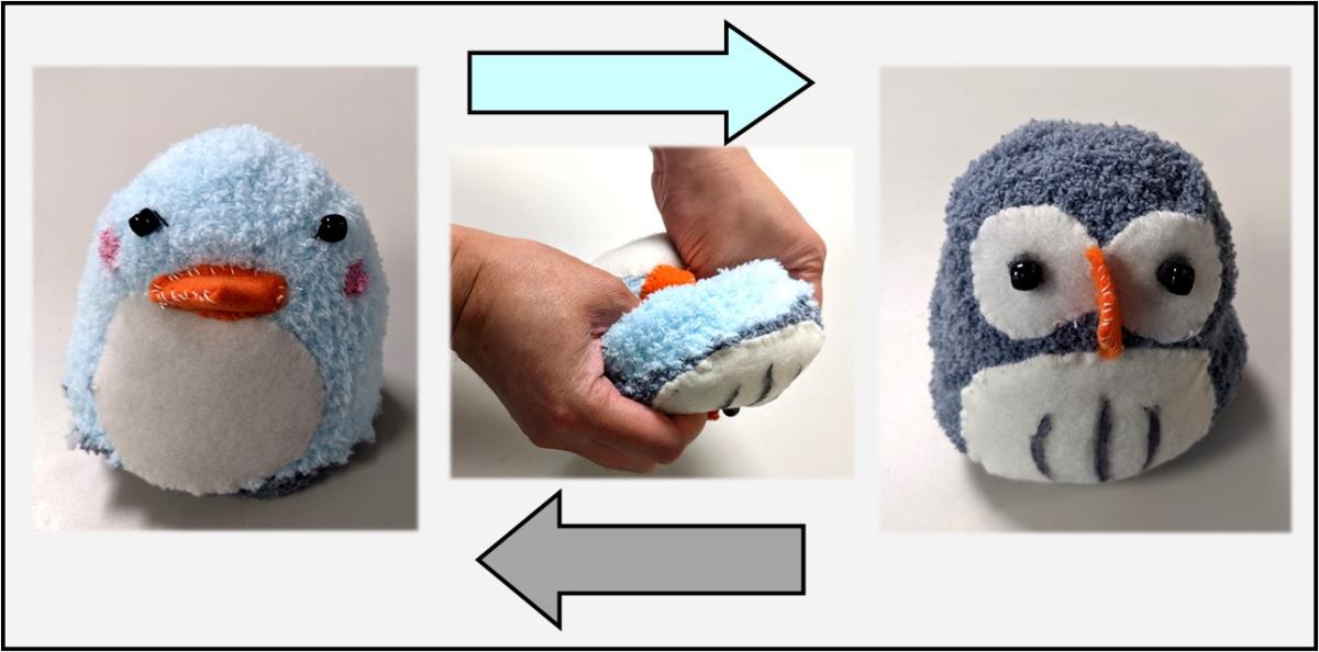 blue sock penguin plush, arrows, gray sock owl plush