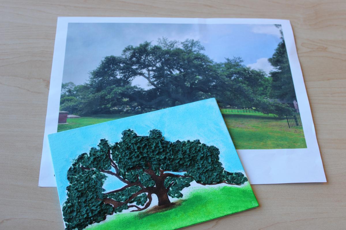 Emancipation oak tree on a canvas. The leaves are made of a combination of green tissue paper, glue, and water. Then there's a printed photo of the tree behind the canvas.