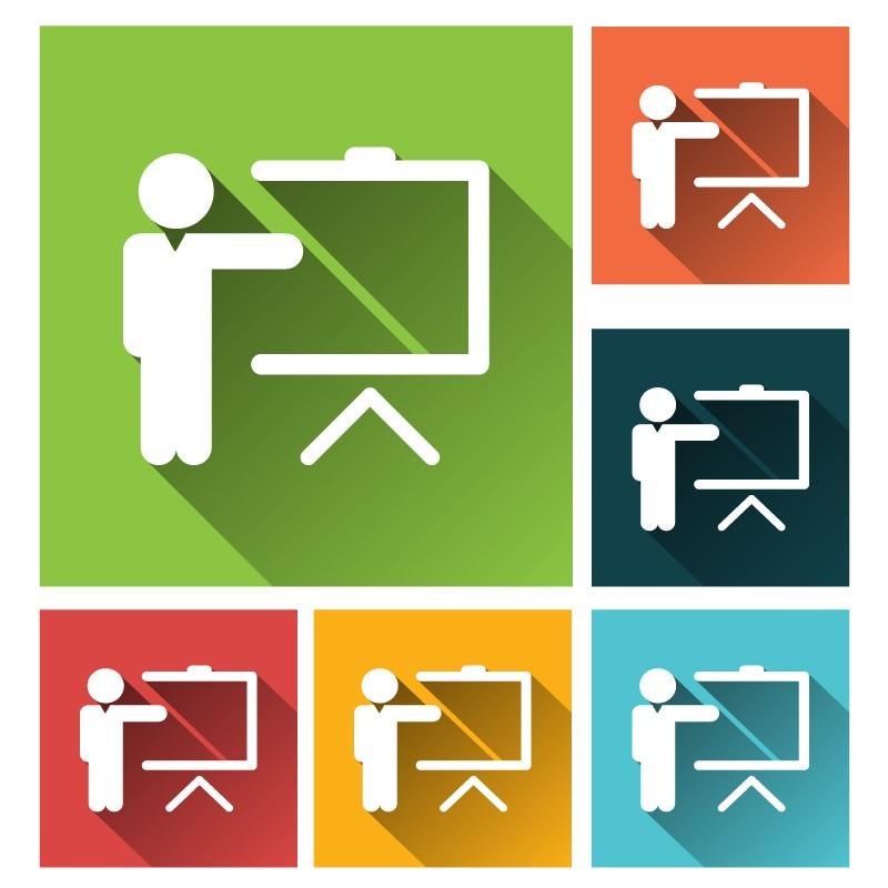 Icon of a person pointing at a screen as though presenting. The image has a green background in the upper left, and features several smaller versions of it on the right and bottom of the image, each with a different background color.