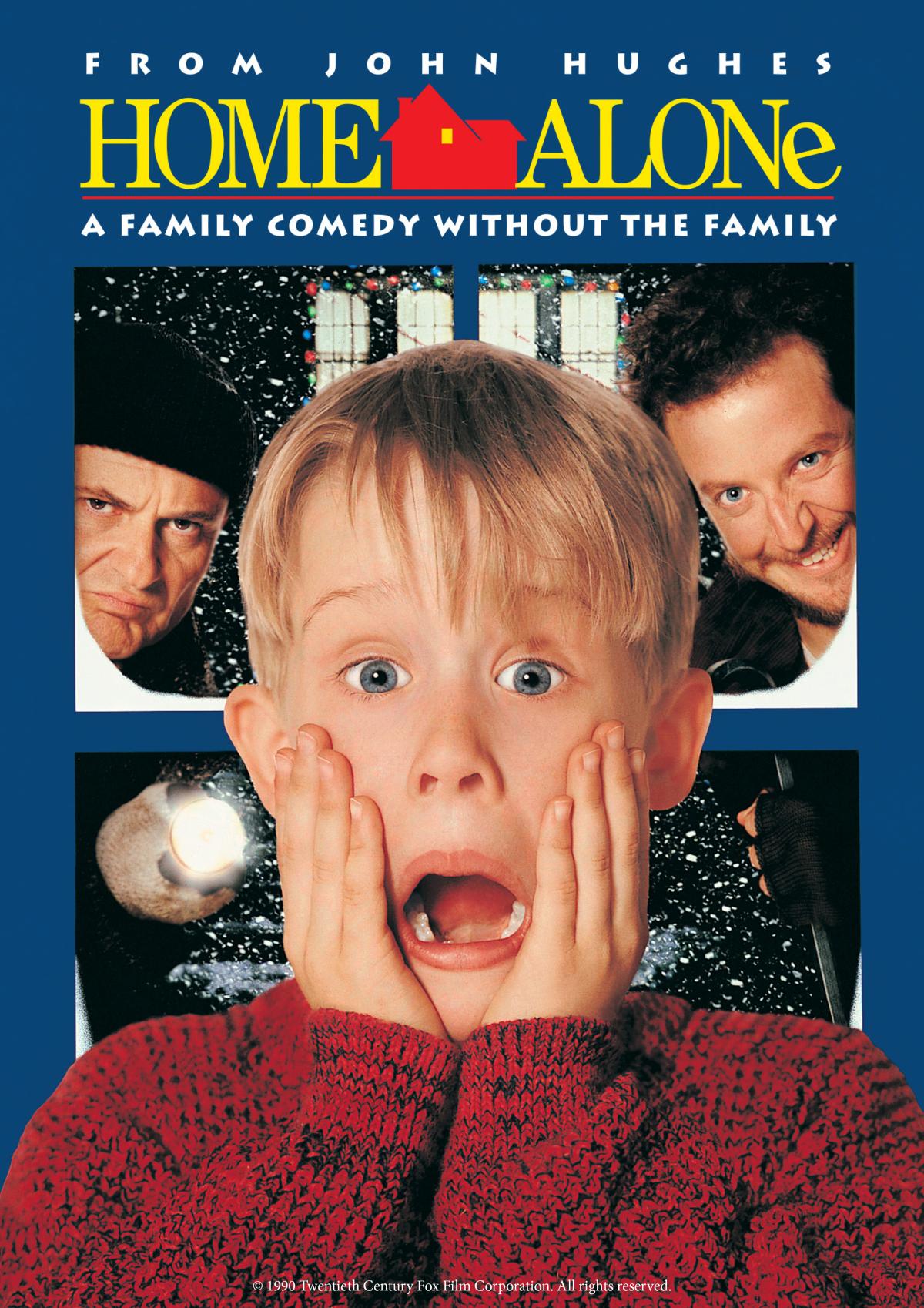 Home Alone Movie Poster. A boy in the foreground, hands on both cheeks, screaming as two men watch him from outside a window.